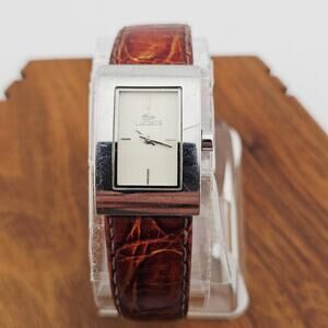Lacoste Silver Tone Rectangle Dial Women's Watch Brown Leather Band Minimalist